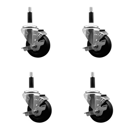 Service Caster 3.5'' Soft Rubber Swivel 7/8'' Expanding Stem Caster Set with Brake, 4PK SCC-EX20S3514-SRS-TLB-78-4